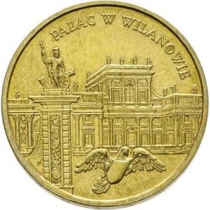 Rewers monety 2-złotowej poświęconej tematowi:  "Pałac w Wilanowie"